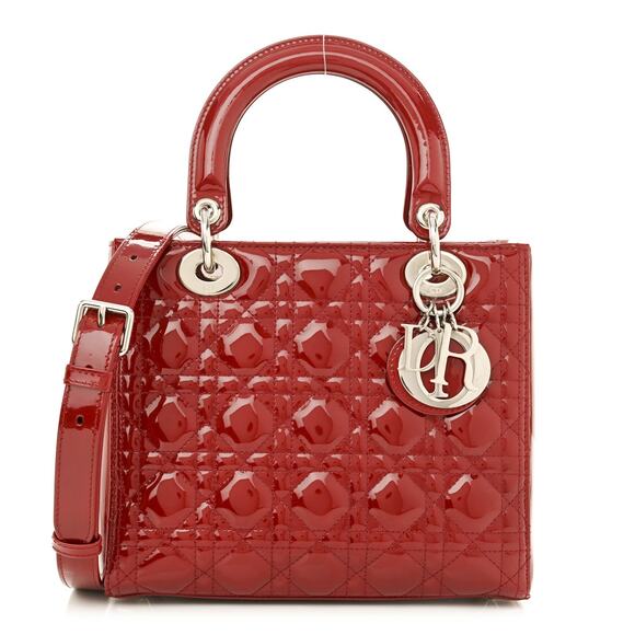 Christian Dior Lady Dior Medium Red Patent Cannage GHW 2Way Tote Bag - Picture 1 of 10